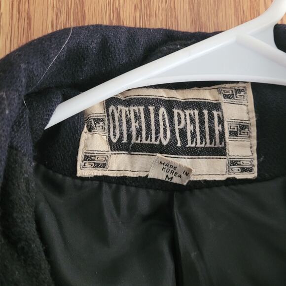 Vntg Othello Pelle Korea Wool Leather Trim Coat M Navy Black Old Money Heritage - Picture 7 of 11